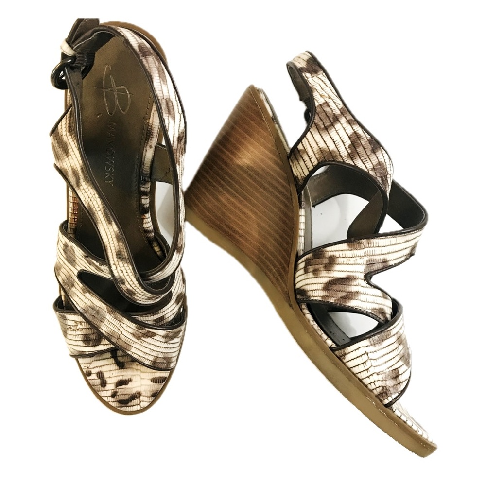 B. Makowsky Leather Leopard Print Wedge Heels